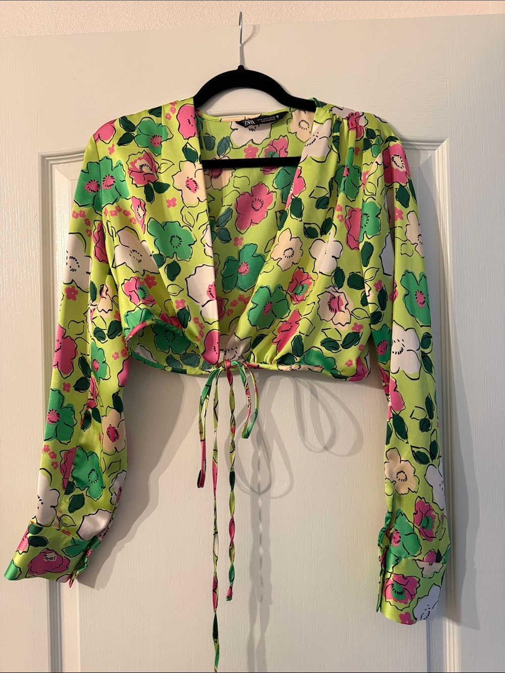 Zara Neon Green Floral Wrap Tie-Front Crop Top